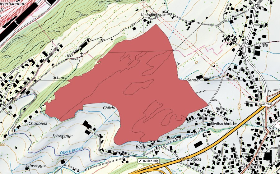 swisstopo national map showing the protected perimeter of Biela (Dry meadow)