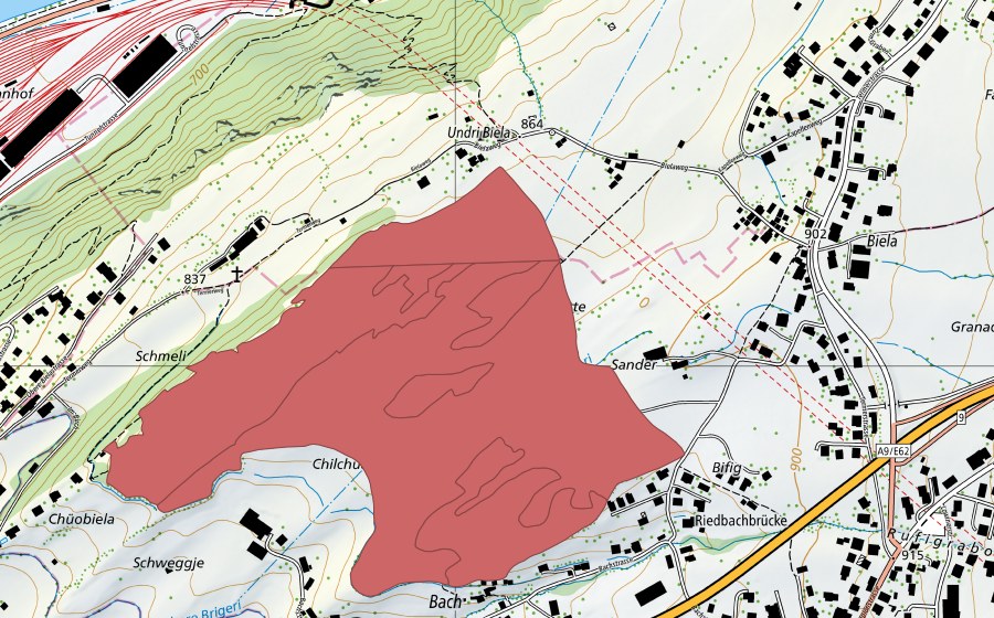 Carte nationale swisstopo avec le périmètre protégé de Biela (Prairie sèche)