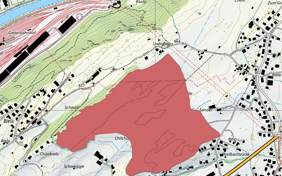 Landeskarte swisstopo mit dem Schutzperimeter von Biela (Trockenwiese)