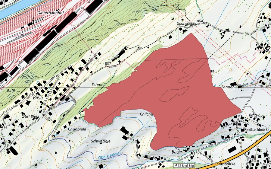 Landeskarte swisstopo mit dem Schutzperimeter von Biela (Trockenwiese)