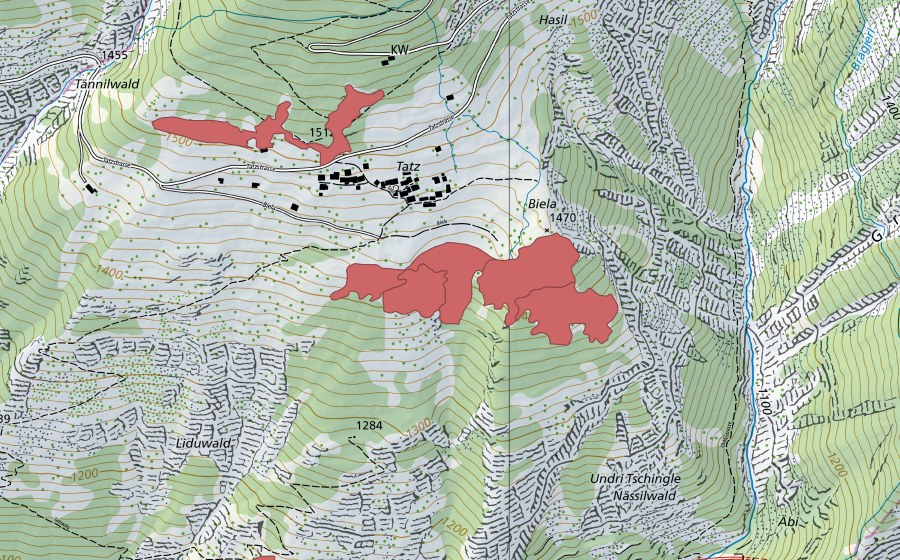 Carte nationale swisstopo avec le périmètre protégé de Biela (Prairie sèche)