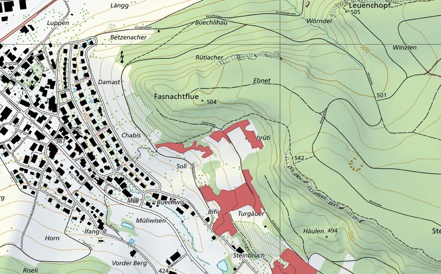 Carte nationale swisstopo avec le périmètre protégé de Bifig (Prairie sèche)