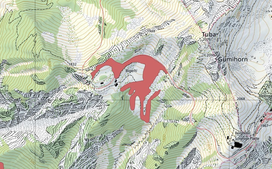swisstopo national map showing the protected perimeter of Bigelti (Dry meadow)
