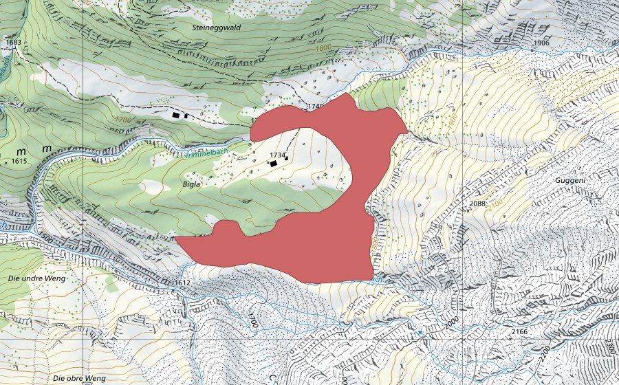 Carte nationale swisstopo avec le périmètre protégé de Biglenalp (Prairie sèche)