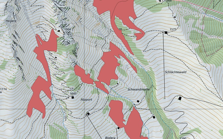 swisstopo national map showing the protected perimeter of Biglera (Dry meadow)