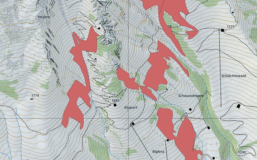 swisstopo national map showing the protected perimeter of Biglera (Dry meadow)