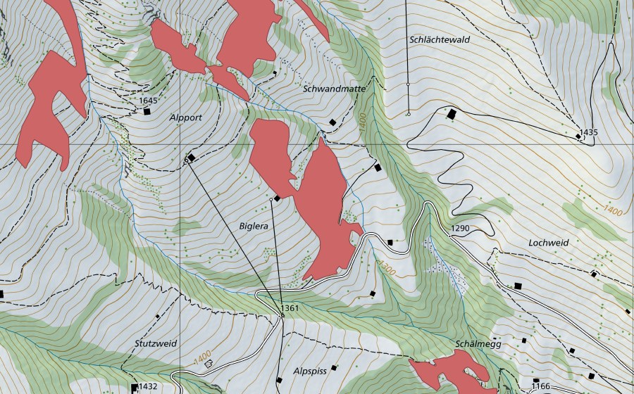Carte nationale swisstopo avec le périmètre protégé de Biglera (Prairie sèche)