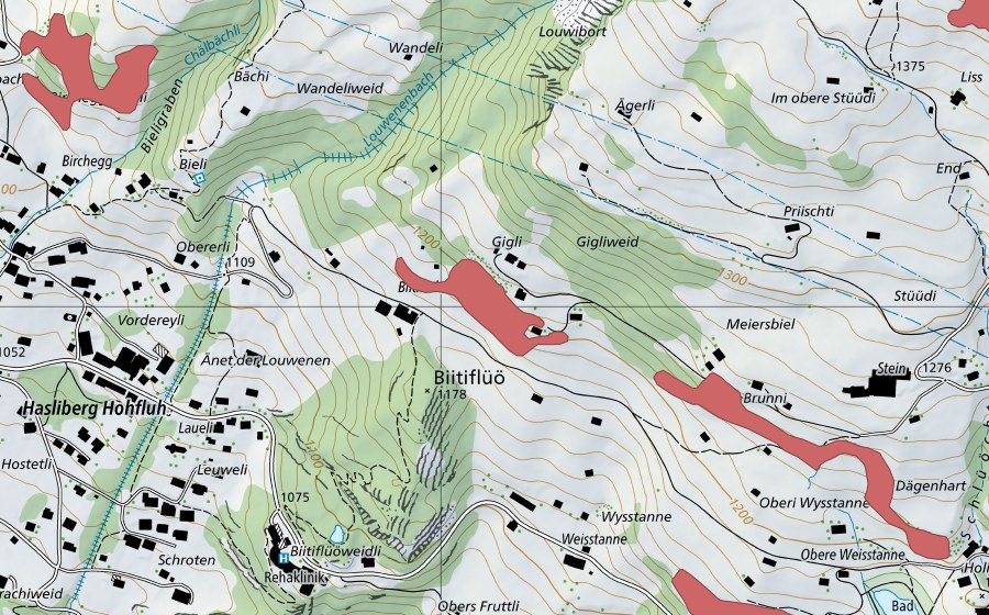 swisstopo national map showing the protected perimeter of Biitiflüö (Dry meadow)