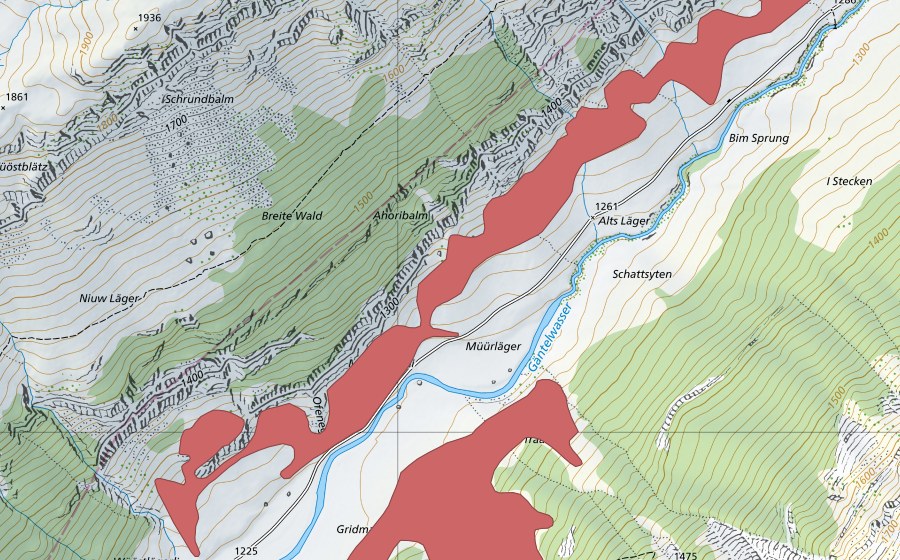 Carta nazionale swisstopo con il perimetro protetto di Bim Sprung (Prato secco)