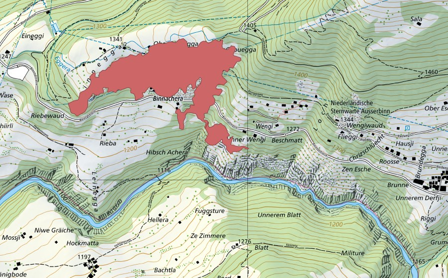 Landeskarte swisstopo mit dem Schutzperimeter von Binnegga (Trockenwiese)