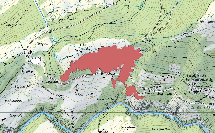 Carte nationale swisstopo avec le périmètre protégé de Binnegga (Prairie sèche)