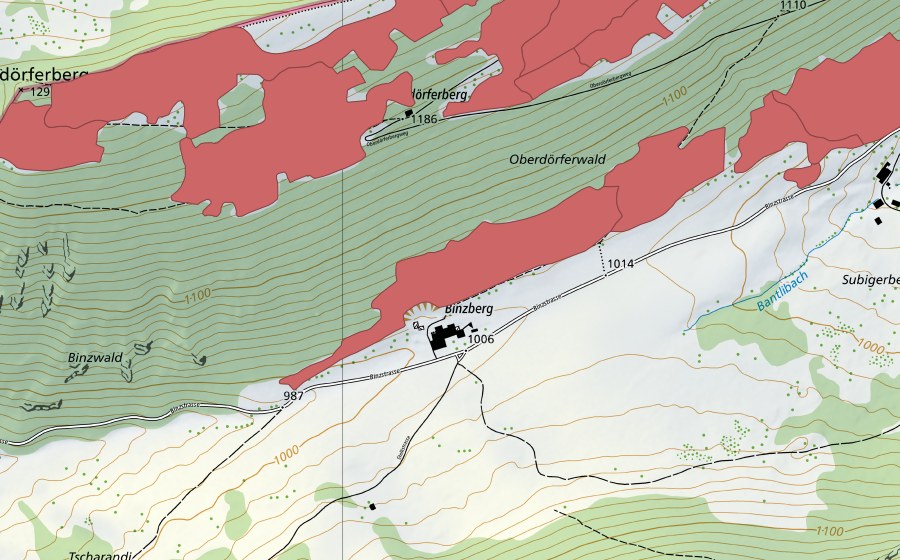 Landeskarte swisstopo mit dem Schutzperimeter von Binzberg (Trockenwiese)