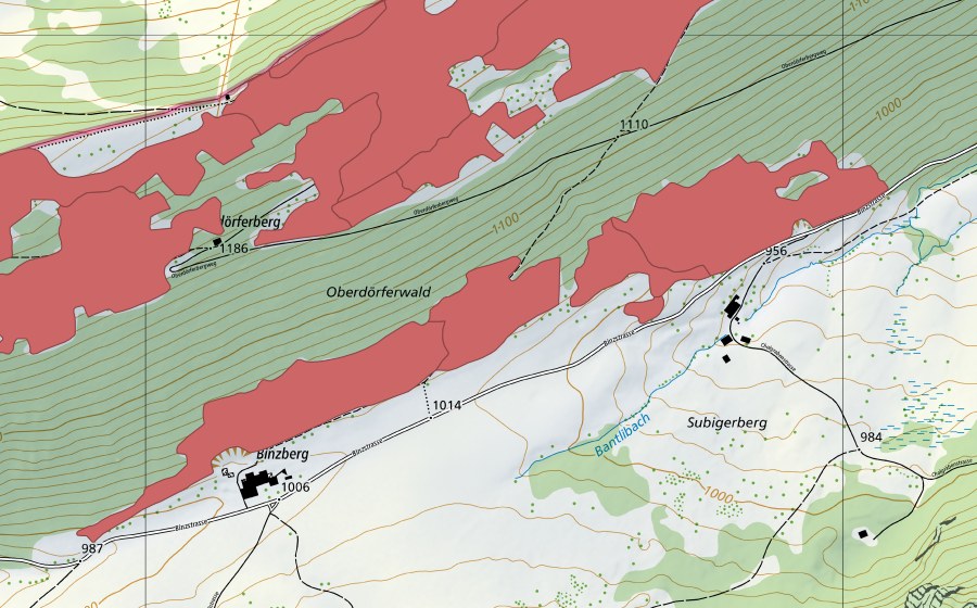 Carte nationale swisstopo avec le périmètre protégé de Binzberg (Prairie sèche)