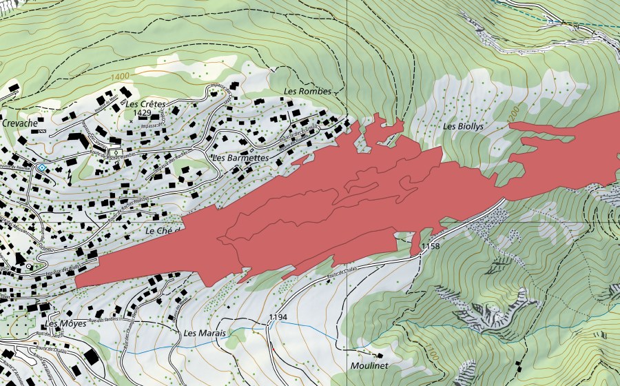 swisstopo national map showing the protected perimeter of Biolly (Dry meadow)