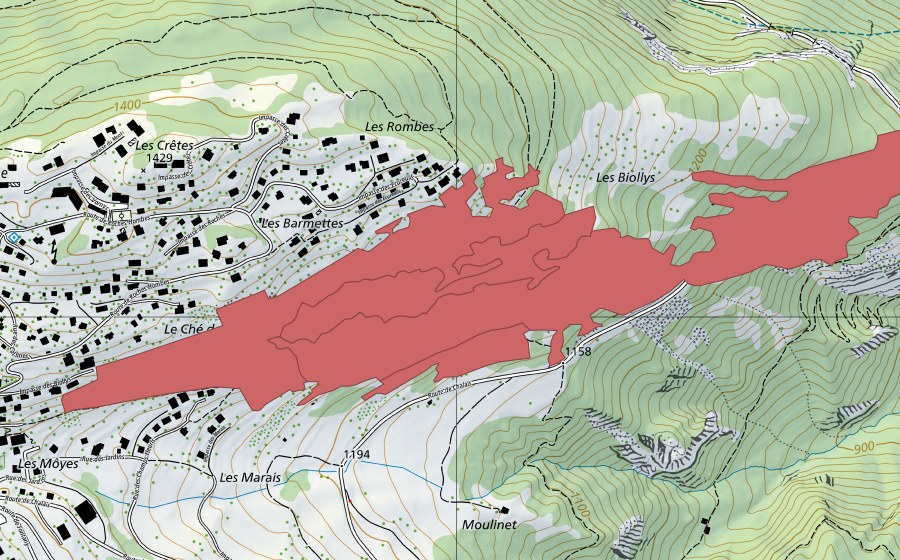 Carte nationale swisstopo avec le périmètre protégé de Biolly (Prairie sèche)