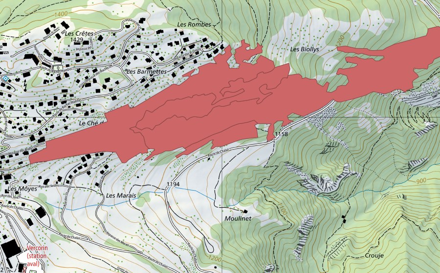 Carte nationale swisstopo avec le périmètre protégé de Biolly (Prairie sèche)