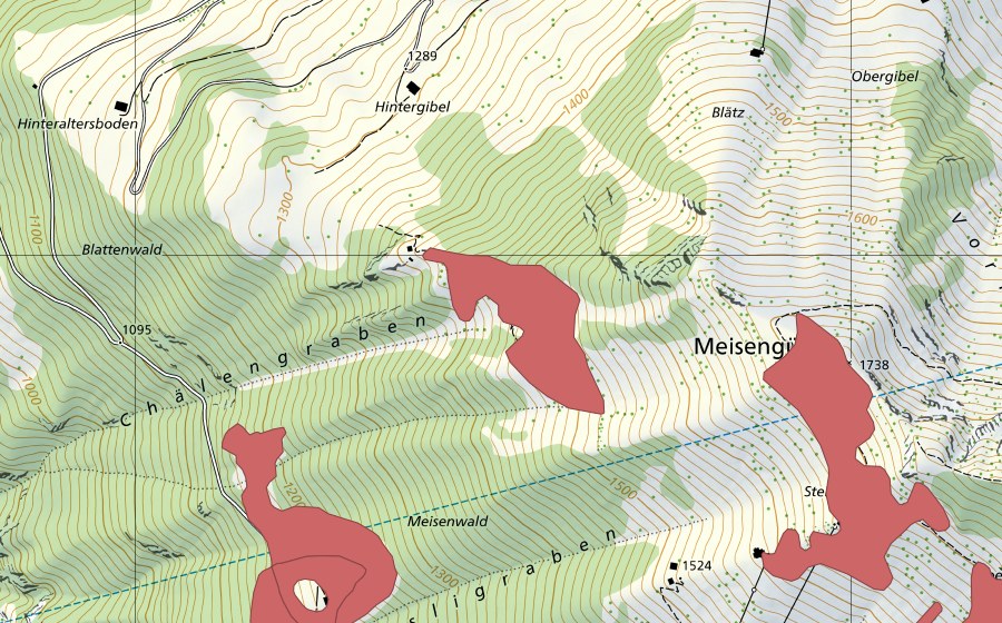 Landeskarte swisstopo mit dem Schutzperimeter von Birchegg (Trockenwiese)
