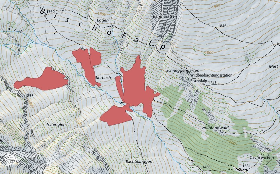 Carte nationale swisstopo avec le périmètre protégé de Bischofbach (Prairie sèche)