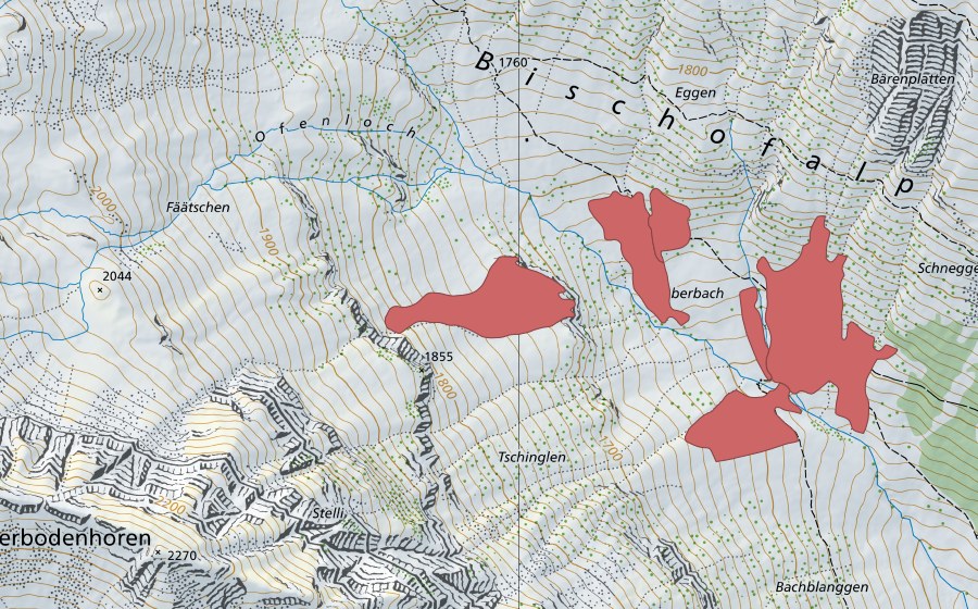 Landeskarte swisstopo mit dem Schutzperimeter von Bischofbach (Trockenwiese)