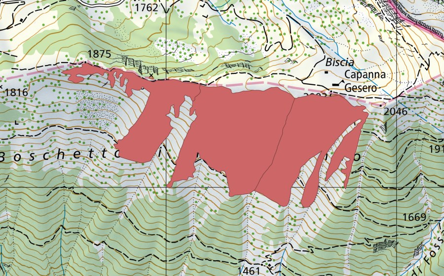 Carte nationale swisstopo avec le périmètre protégé de Biscia (Prairie sèche)
