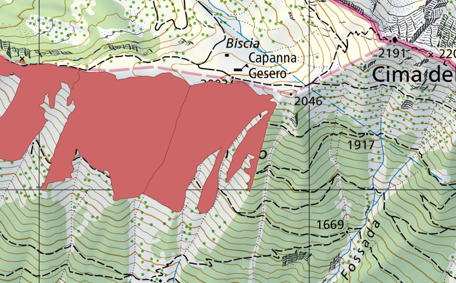 Landeskarte swisstopo mit dem Schutzperimeter von Biscia (Trockenwiese)