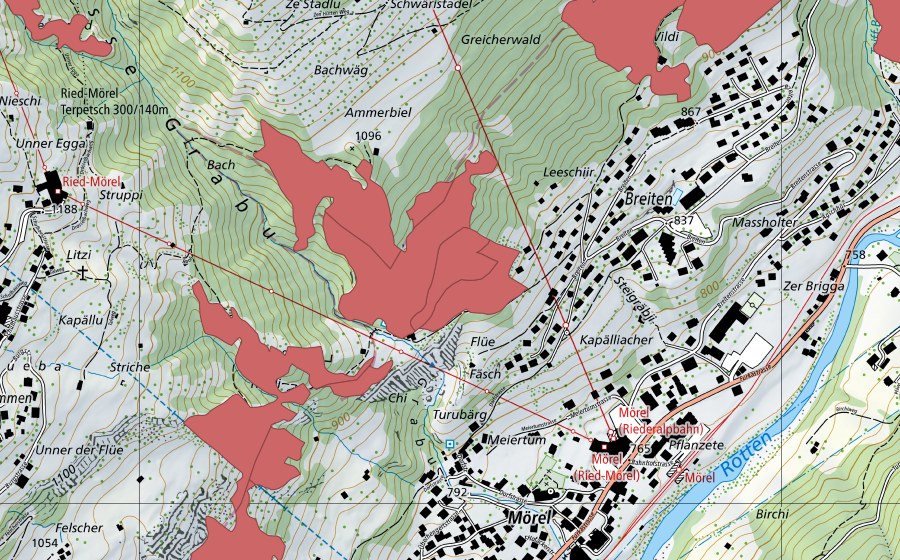 Carte nationale swisstopo avec le périmètre protégé de Bisterli (Prairie sèche)