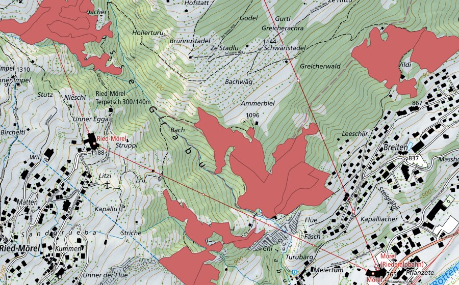 Carte nationale swisstopo avec le périmètre protégé de Bisterli (Prairie sèche)