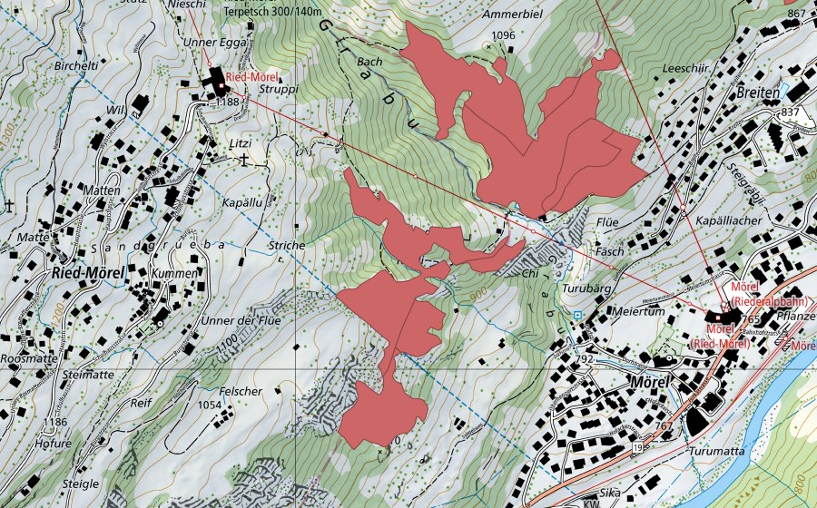 Carte nationale swisstopo avec le périmètre protégé de Bisterli (Prairie sèche)