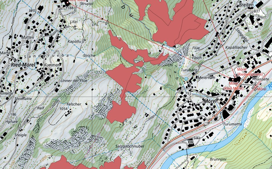 Landeskarte swisstopo mit dem Schutzperimeter von Bisterli (Trockenwiese)