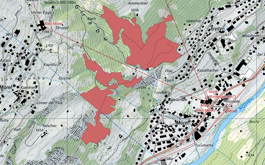 Carte nationale swisstopo avec le périmètre protégé de Bisterli (Prairie sèche)