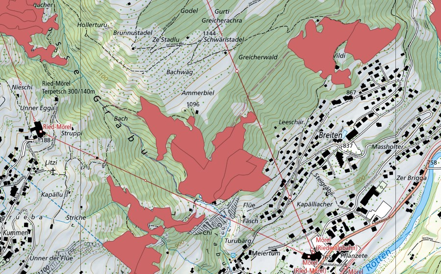 swisstopo national map showing the protected perimeter of Bisterli (Dry meadow)