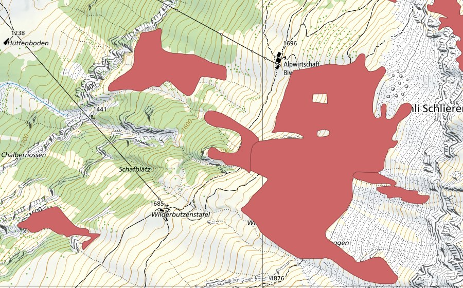 Carte nationale swisstopo avec le périmètre protégé de Biwaldalp (Prairie sèche)