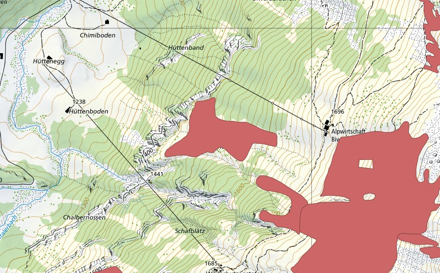 Carte nationale swisstopo avec le périmètre protégé de Biwaldalp (Prairie sèche)