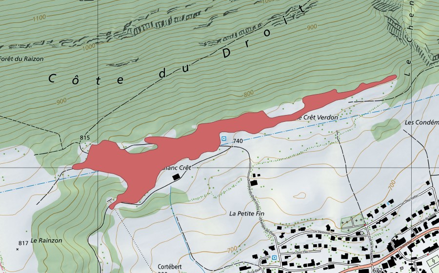 Carte nationale swisstopo avec le périmètre protégé de Blanc Crêt (Prairie sèche)