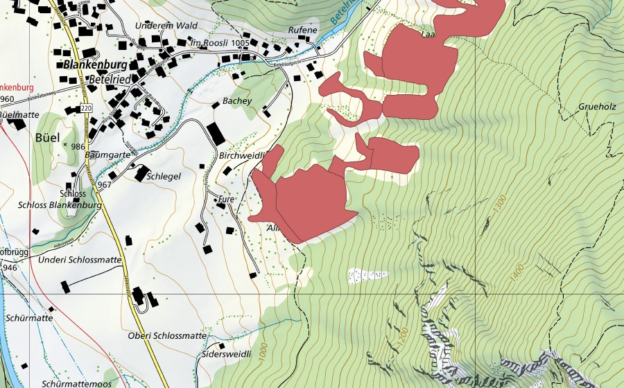 Landeskarte swisstopo mit dem Schutzperimeter von Blankenburg (Trockenwiese)