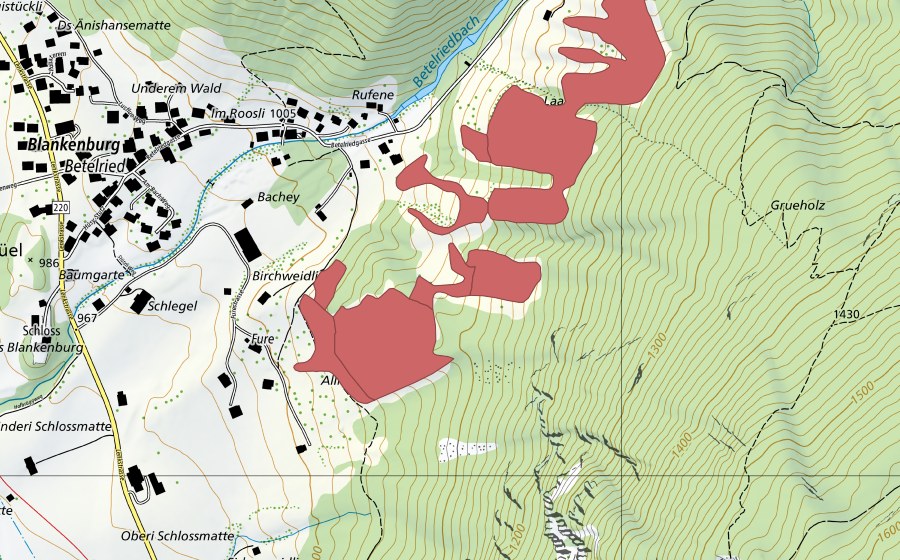 Carte nationale swisstopo avec le périmètre protégé de Blankenburg (Prairie sèche)