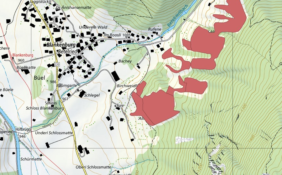 Carte nationale swisstopo avec le périmètre protégé de Blankenburg (Prairie sèche)