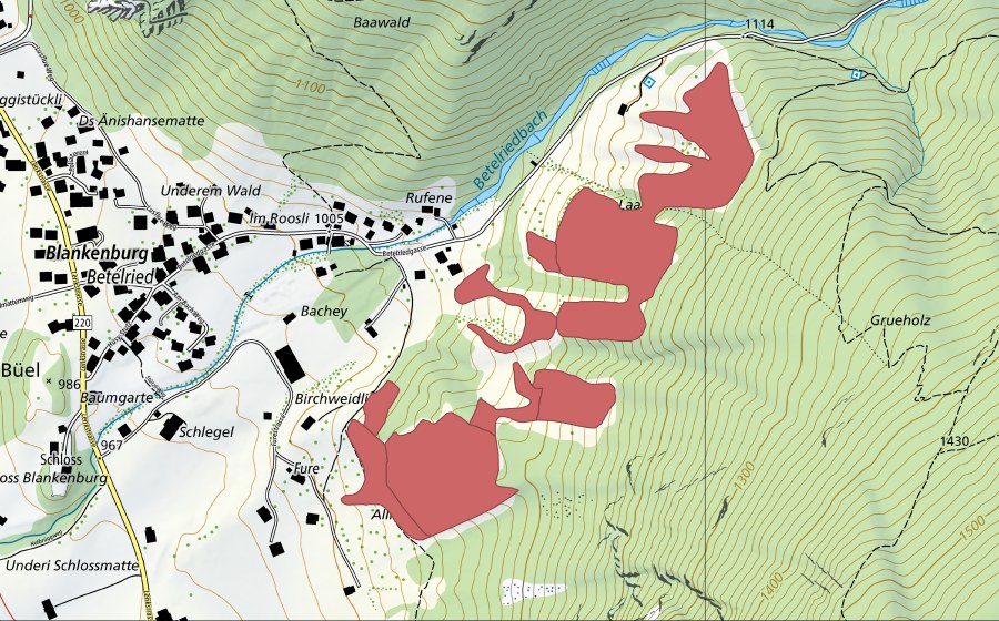 swisstopo national map showing the protected perimeter of Blankenburg (Dry meadow)