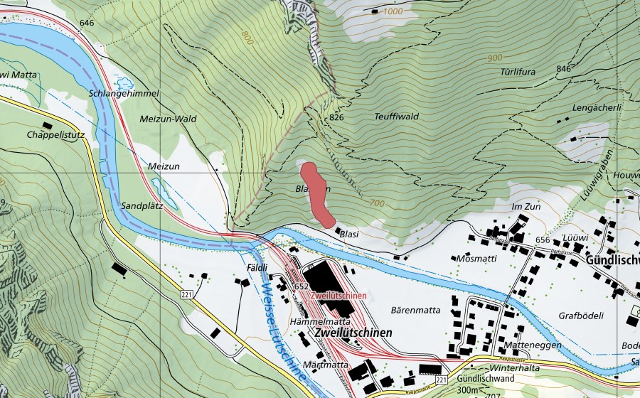 Landeskarte swisstopo mit dem Schutzperimeter von Blasi (Trockenwiese)