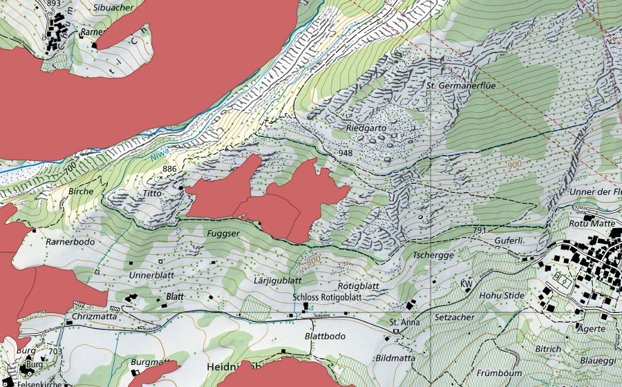 swisstopo national map showing the protected perimeter of Blatt (Dry meadow)