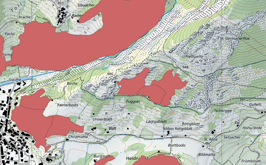 Carte nationale swisstopo avec le périmètre protégé de Blatt (Prairie sèche)