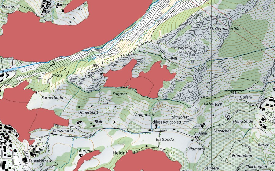 Carte nationale swisstopo avec le périmètre protégé de Blatt (Prairie sèche)