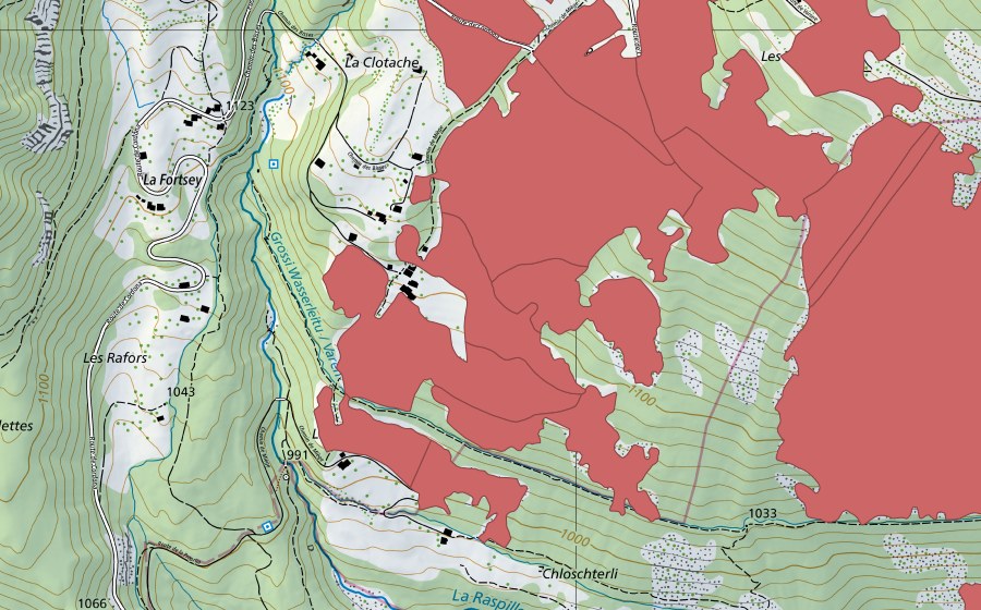 Carte nationale swisstopo avec le périmètre protégé de Blatte (Prairie sèche)