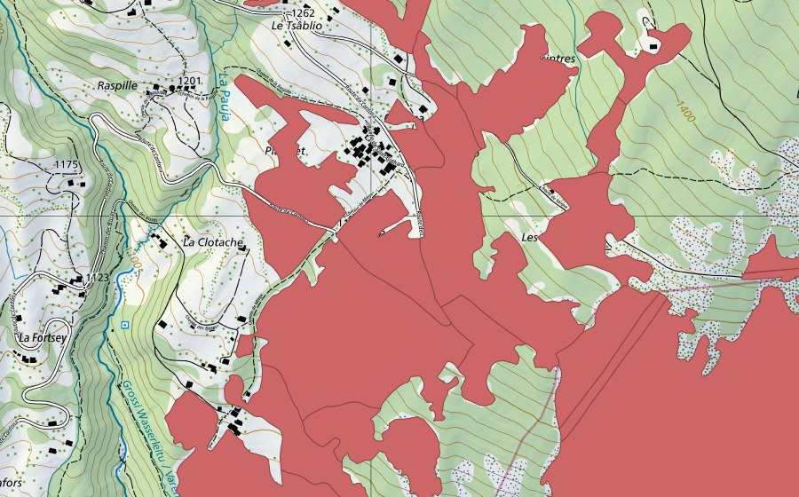 Carte nationale swisstopo avec le périmètre protégé de Blatte (Prairie sèche)
