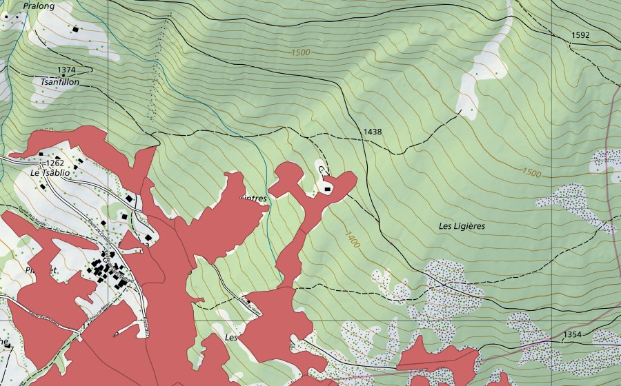 Carte nationale swisstopo avec le périmètre protégé de Blatte (Prairie sèche)
