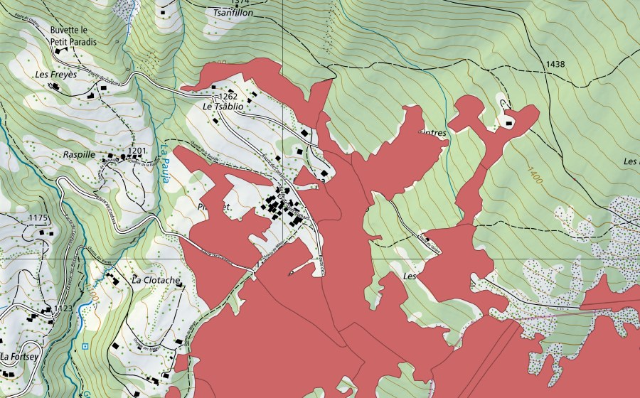 Carte nationale swisstopo avec le périmètre protégé de Blatte (Prairie sèche)