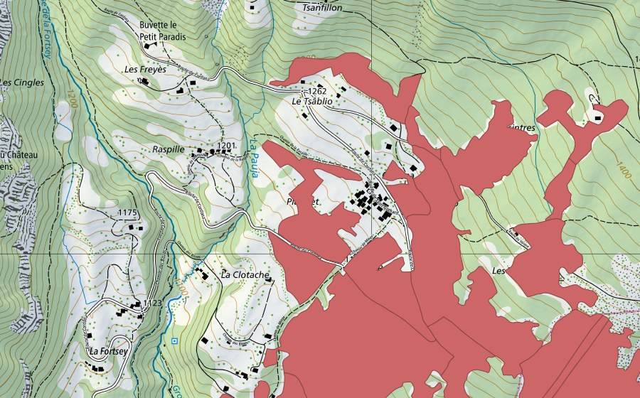 Carte nationale swisstopo avec le périmètre protégé de Blatte (Prairie sèche)