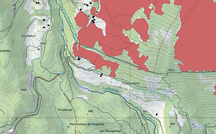 Carte nationale swisstopo avec le périmètre protégé de Blatte (Prairie sèche)