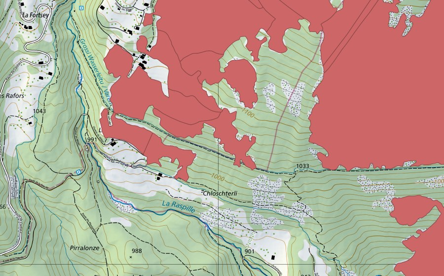 Carte nationale swisstopo avec le périmètre protégé de Blatte (Prairie sèche)