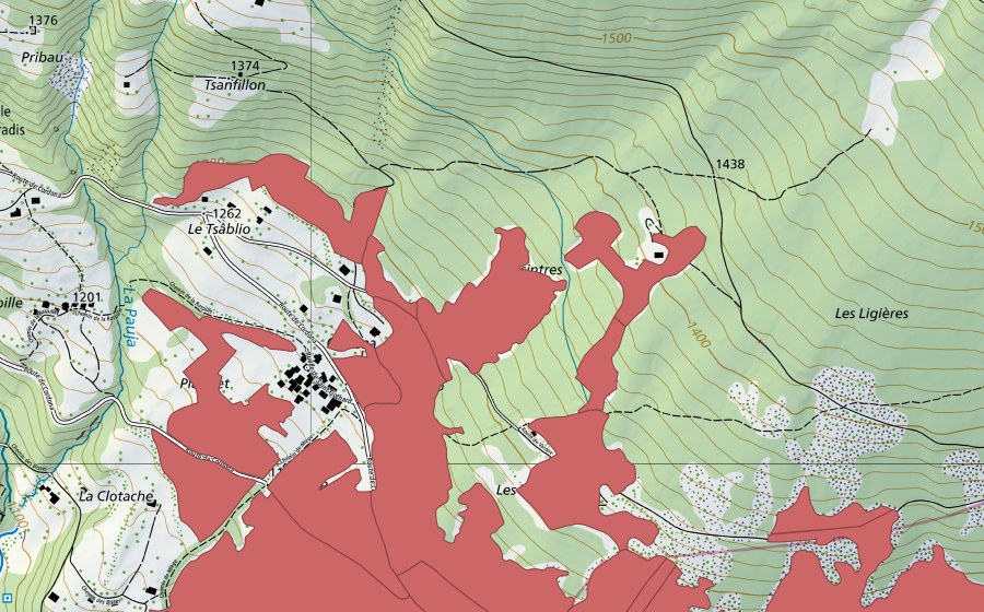 swisstopo national map showing the protected perimeter of Blatte (Dry meadow)